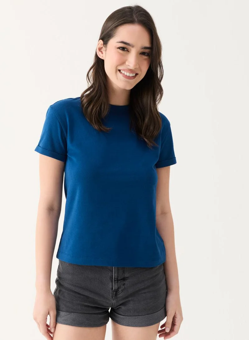 Zigzag Teal Blue Basic Crew Neck T-shirt